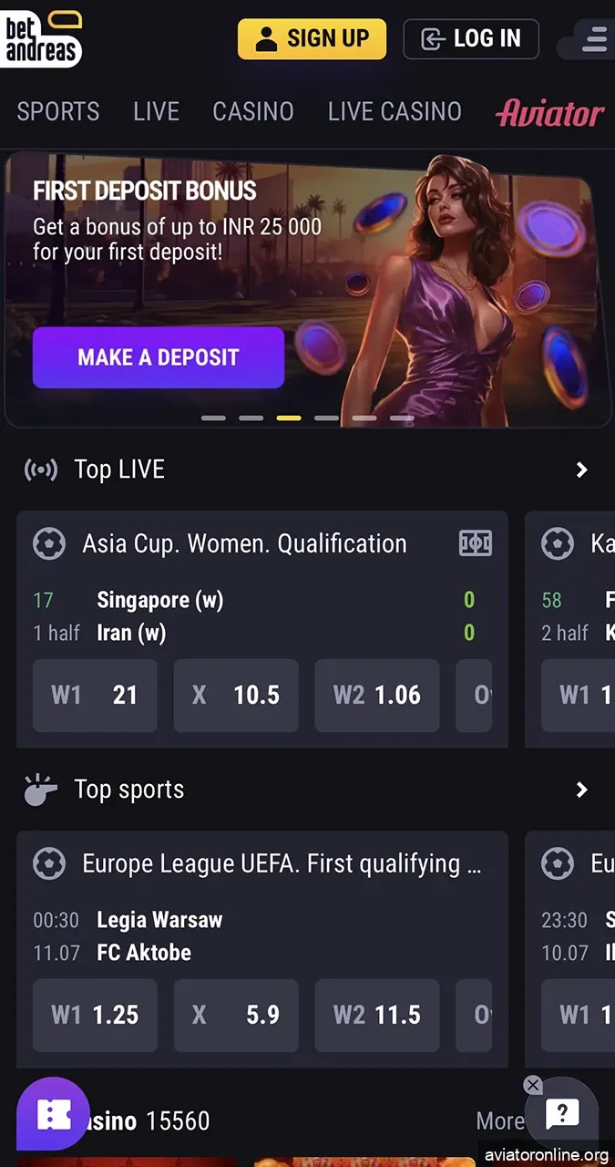 Home page in the Betandreas app.