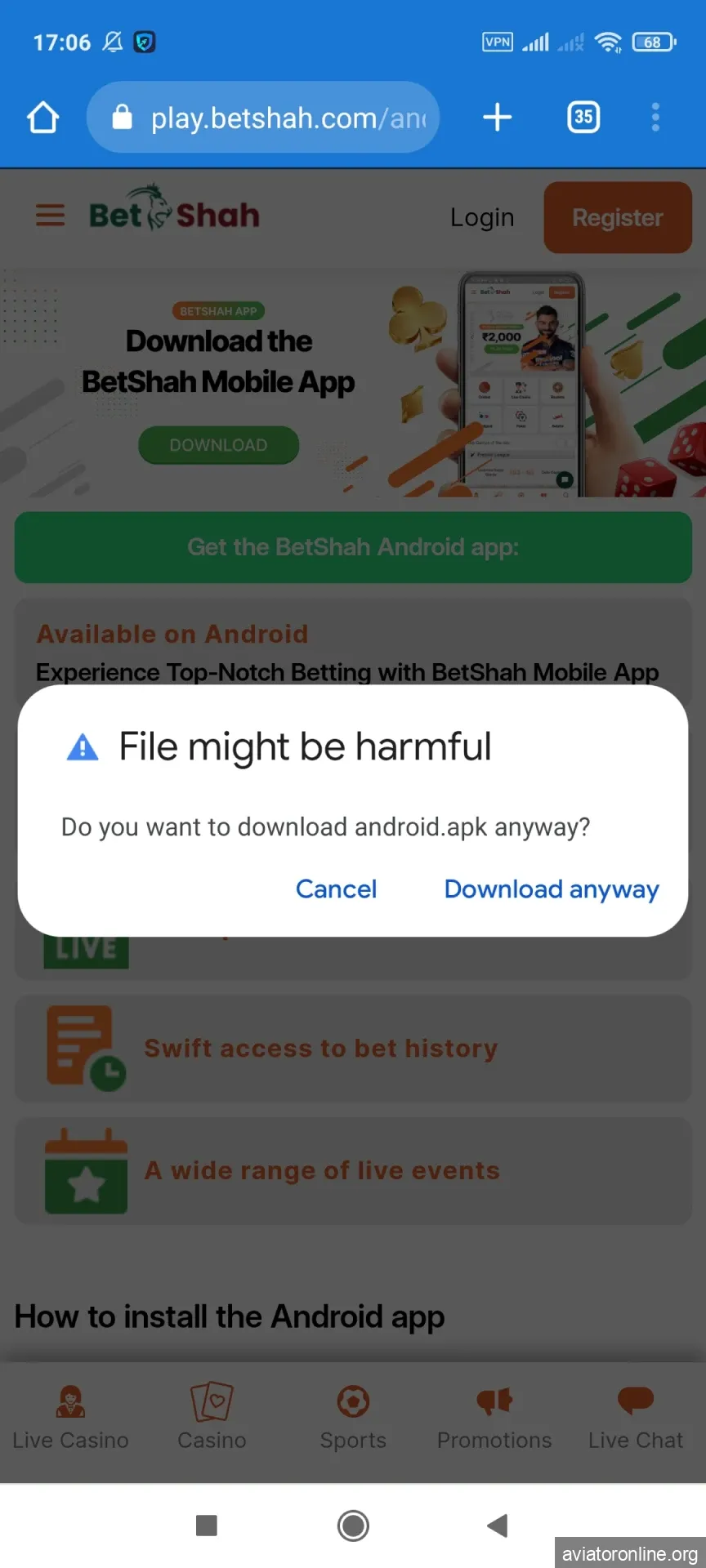 Download the BetShah app on your smartphone to play Aviator.