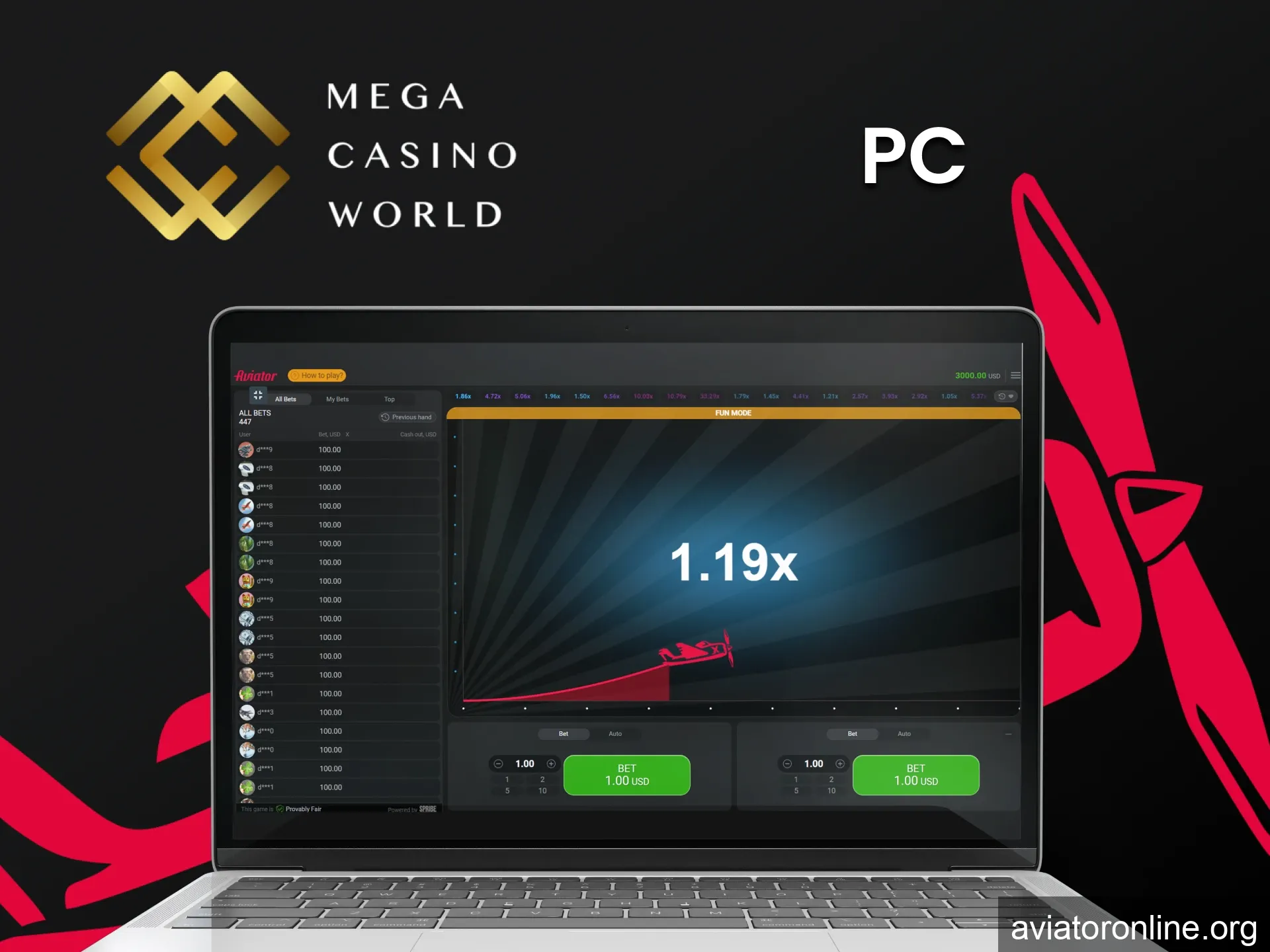 Use your PC to play Aviator at MCW Casino.