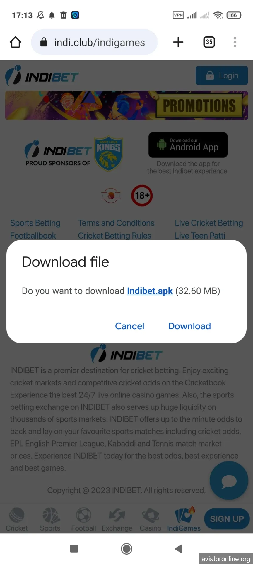 Download the Indibet app for Android.