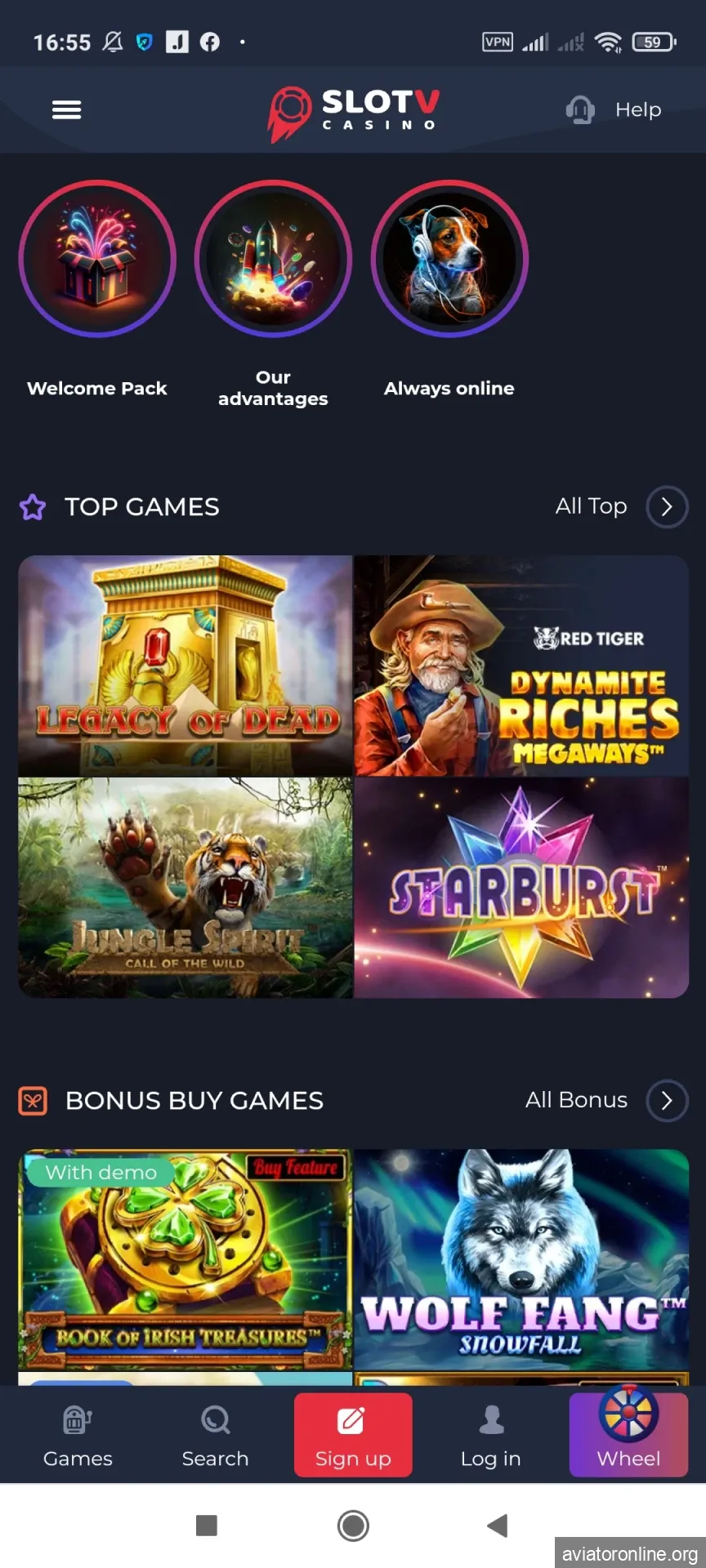 Visit the main page in the SlotV app.